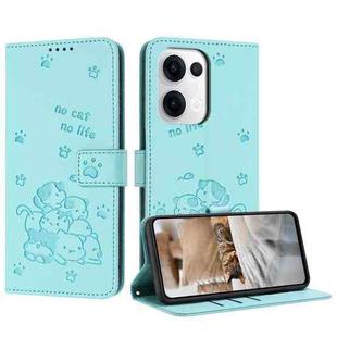 For OPPO Reno13 5G Global Embossed Kitten Phone Leather Case with Lanyard(Mint Green)