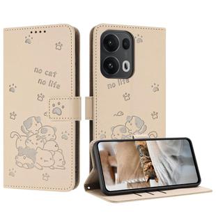 For OPPO Reno13 Pro 5G Global Embossed Kitten Phone Leather Case with Lanyard(Beige)