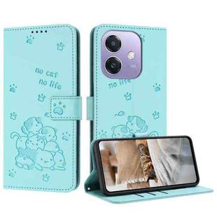 For OPPO A5x 5G Global Embossed Kitten Phone Leather Case with Lanyard(Mint Green)