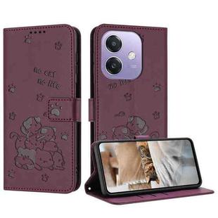 For OPPO A5x 5G Global Embossed Kitten Phone Leather Case with Lanyard(Wine Red)