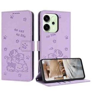 For OPPO Reno14 Global / Reno14 F  5G Embossed Kitten Phone Leather Case with Lanyard(Purple)