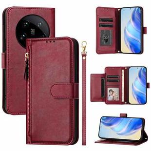 For Xiaomi 14 Ultra Global Multi-Card Slots Zipper Wallet Leather Phone Case(Dark Red)