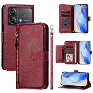 For Xiaomi Poco X6 Neo Global Multi-Card Slots Zipper Wallet Leather Phone Case(Dark Red)