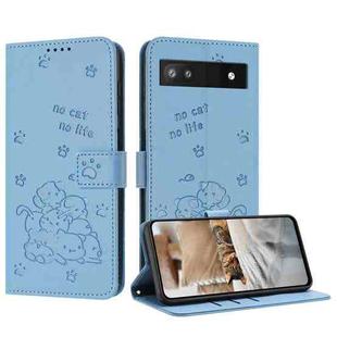 For Google Pixel 6a Embossed Kitten Phone Leather Case with Lanyard(Blue)