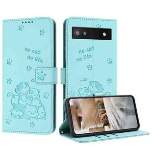 For Google Pixel 6a Embossed Kitten Phone Leather Case with Lanyard(Mint Green)