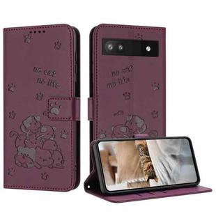 For Google Pixel 6a Embossed Kitten Phone Leather Case with Lanyard(Wine Red)