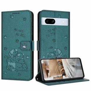 For Google Pixel 7a Embossed Kitten Phone Leather Case with Lanyard(Dark Green)