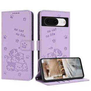 For Google Pixel 8 Embossed Kitten Phone Leather Case with Lanyard(Purple)