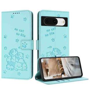 For Google Pixel 8 Embossed Kitten Phone Leather Case with Lanyard(Mint Green)