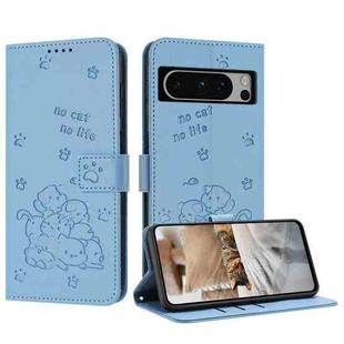 For Google Pixel 8 Pro Embossed Kitten Phone Leather Case with Lanyard(Blue)