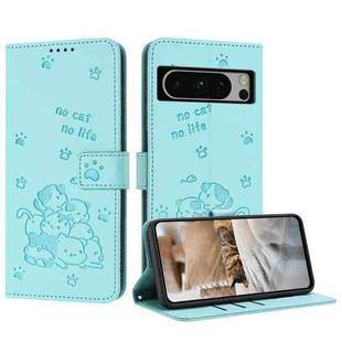 For Google Pixel 8 Pro Embossed Kitten Phone Leather Case with Lanyard(Mint Green)