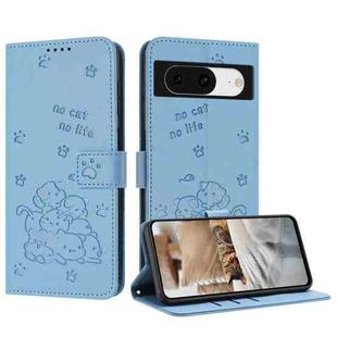 For Google Pixel 8a Embossed Kitten Phone Leather Case with Lanyard(Blue)