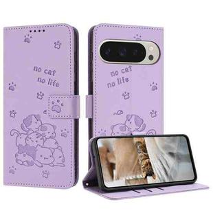 For Google Pixel 9 Pro XL Embossed Kitten Phone Leather Case with Lanyard(Purple)