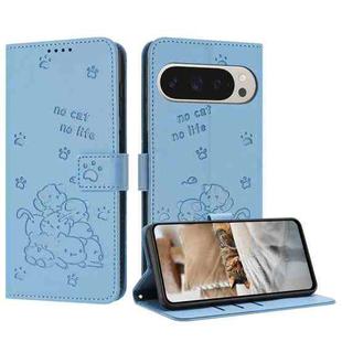 For Google Pixel 9 Pro XL Embossed Kitten Phone Leather Case with Lanyard(Blue)