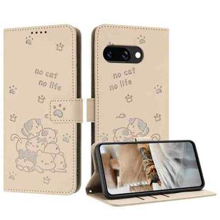 For Google Pixel 9a Embossed Kitten Phone Leather Case with Lanyard(Beige)