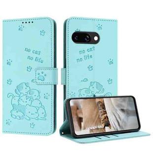 For Google Pixel 9a Embossed Kitten Phone Leather Case with Lanyard(Mint Green)