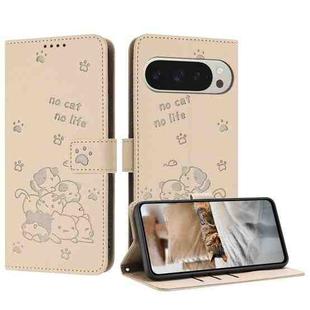 For Google Pixel 10 Pro XL Embossed Kitten Phone Leather Case with Lanyard(Beige)