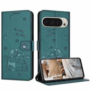 For Google Pixel 10 Pro XL Embossed Kitten Phone Leather Case with Lanyard(Dark Green)