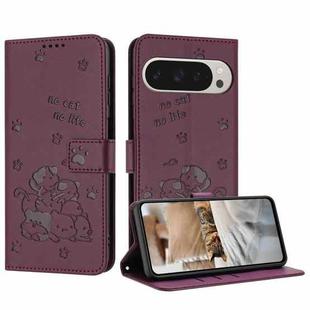 For Google Pixel 10 Pro XL Embossed Kitten Phone Leather Case with Lanyard(Wine Red)