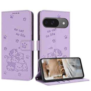 For Google Pixel 10 / 10 Pro Embossed Kitten Phone Leather Case with Lanyard(Purple)