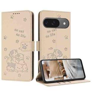 For Google Pixel 10 / 10 Pro Embossed Kitten Phone Leather Case with Lanyard(Beige)