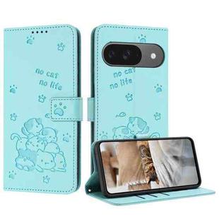 For Google Pixel 10 / 10 Pro Embossed Kitten Phone Leather Case with Lanyard(Mint Green)