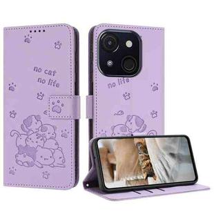 For itel A50C Embossed Kitten Phone Leather Case with Lanyard(Purple)