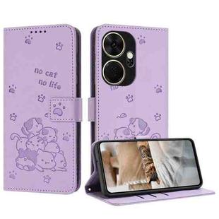 For itel P55+ Embossed Kitten Phone Leather Case with Lanyard(Purple)