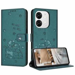 For itel A80 Embossed Kitten Phone Leather Case with Lanyard(Dark Green)