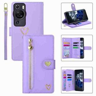 For Huawei P60 Pro POLA Love Multi-Card Slots Zipper Wallet Leather Phone Case(Purple)