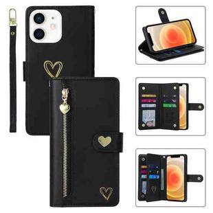 For iPhone 12 POLA Love Multi-Card Slots Zipper Wallet Leather Phone Case(Black)