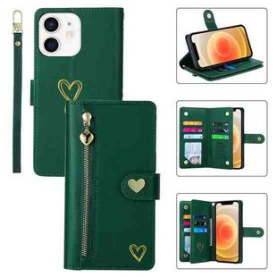 For iPhone 12 POLA Love Multi-Card Slots Zipper Wallet Leather Phone Case(Dark Green)
