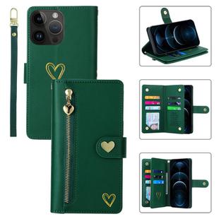 For iPhone 12 Pro Max POLA Love Multi-Card Slots Zipper Wallet Leather Phone Case(Dark Green)