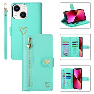 For iPhone 13 POLA Love Multi-Card Slots Zipper Wallet Leather Phone Case(Light Green)