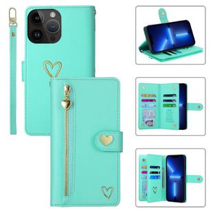 For iPhone 13 Pro POLA Love Multi-Card Slots Zipper Wallet Leather Phone Case(Light Green)