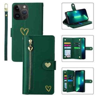 For iPhone 13 Pro Max POLA Love Multi-Card Slots Zipper Wallet Leather Phone Case(Dark Green)