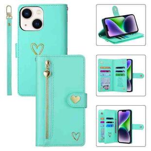 For iPhone 14 POLA Love Multi-Card Slots Zipper Wallet Leather Phone Case(Light Green)