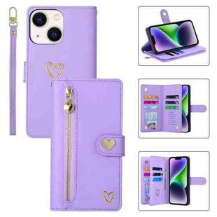For iPhone 14 POLA Love Multi-Card Slots Zipper Wallet Leather Phone Case(Purple)