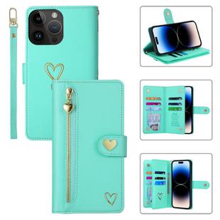For iPhone 14 Pro POLA Love Multi-Card Slots Zipper Wallet Leather Phone Case(Light Green)