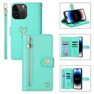 For iPhone 14 Pro Max POLA Love Multi-Card Slots Zipper Wallet Leather Phone Case(Light Green)