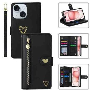 For iPhone 15 POLA Love Multi-Card Slots Zipper Wallet Leather Phone Case(Black)