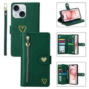 For iPhone 15 POLA Love Multi-Card Slots Zipper Wallet Leather Phone Case(Dark Green)