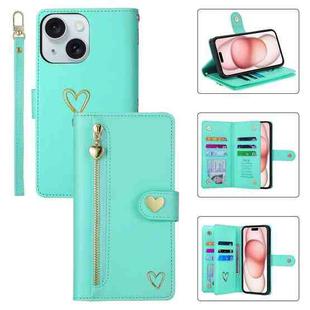 For iPhone 15 POLA Love Multi-Card Slots Zipper Wallet Leather Phone Case(Light Green)