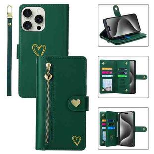 For iPhone 15 Pro Max POLA Love Multi-Card Slots Zipper Wallet Leather Phone Case(Dark Green)