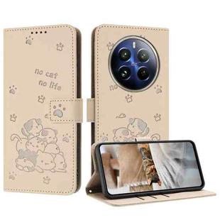 For Realme 12+ 5G Global / 12 4G Embossed Kitten Phone Leather Case with Lanyard(Beige)