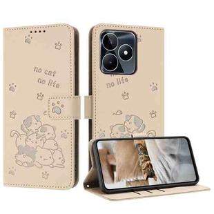 For Realme C53 / Narzo N53 Embossed Kitten Phone Leather Case with Lanyard(Beige)