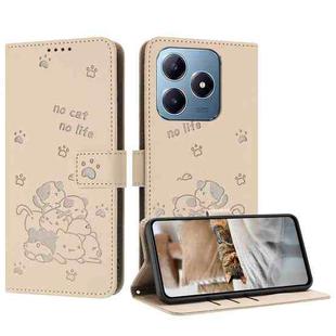 For Realme C63 / C61 / Note 60 Embossed Kitten Phone Leather Case with Lanyard(Beige)