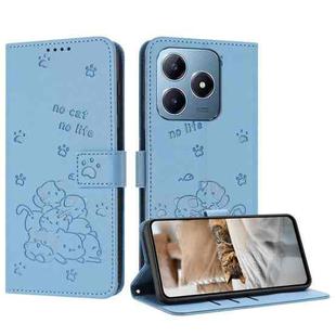 For Realme C63 / C61 / Note 60 Embossed Kitten Phone Leather Case with Lanyard(Blue)