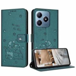 For Realme C63 / C61 / Note 60 Embossed Kitten Phone Leather Case with Lanyard(Dark Green)