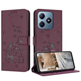 For Realme C63 / C61 / Note 60 Embossed Kitten Phone Leather Case with Lanyard(Wine Red)